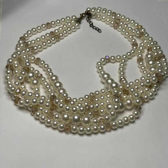 Multi strand faux pearl necklace with faceted beads classic classy preppy - Picture 3 of 15